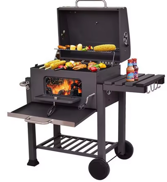 Opvouwbare Houtskoolbarbecue met 3 Branders, Bijzetplanken en Verstelbare Houtskoolbak – Ideaal voor Buiten Koken en Kamperen