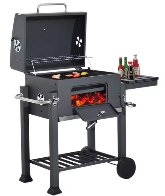 Opvouwbare Houtskoolbarbecue met 3 Branders, Bijzetplanken en Verstelbare Houtskoolbak – Ideaal voor Buiten Koken en Kamperen