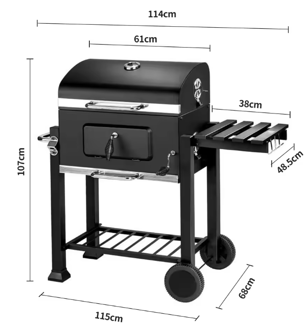 Opvouwbare Houtskoolbarbecue met 3 Branders, Bijzetplanken en Verstelbare Houtskoolbak – Ideaal voor Buiten Koken en Kamperen