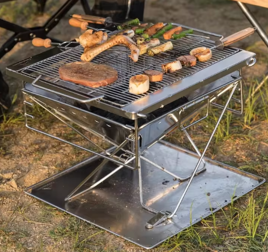 Hoogte Verstelbare Kampvuurgrill – Opvouwbare Houtgestookte Barbecue met Draagtas voor Buiten