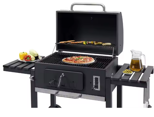 Grote Houtskoolbarbecue met Verstelbare Hoogte, 2 Opvouwbare Bijzettafels en Wielen – BBQ Grill voor Tuin, Camping en Picknick
