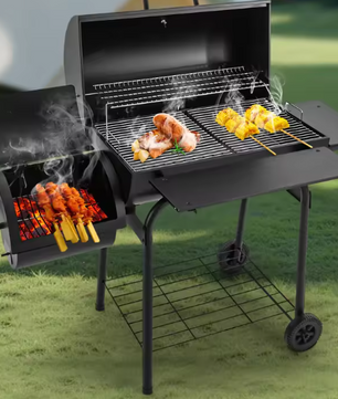 Zwarte Houtskoolgrill BBQ-oven met Wielen en Zijvuurbox – Draagbare Barbecue voor Tuin, Camping en Picknicks