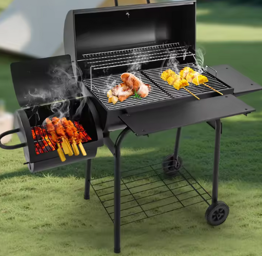 Zwarte Houtskoolgrill BBQ-oven met Wielen en Zijvuurbox – Draagbare Barbecue voor Tuin, Camping en Picknicks