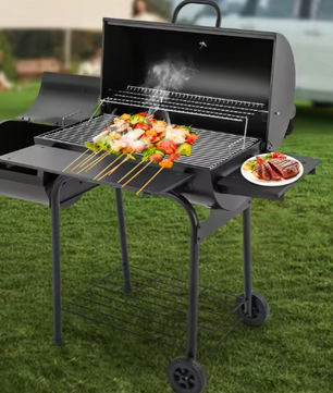 Zwarte Houtskoolgrill BBQ-oven met Wielen en Zijvuurbox – Draagbare Barbecue voor Tuin, Camping en Picknicks