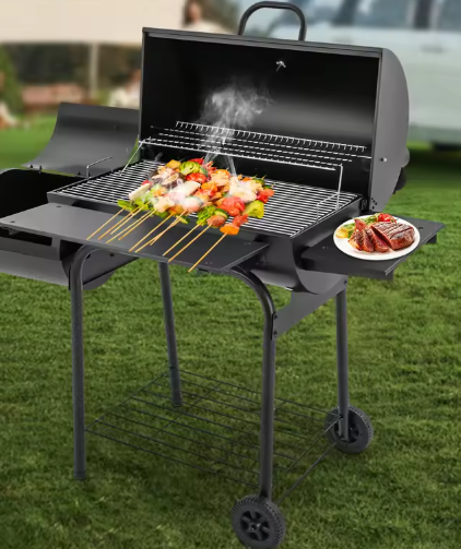 Zwarte Houtskoolgrill BBQ-oven met Wielen en Zijvuurbox – Draagbare Barbecue voor Tuin, Camping en Picknicks