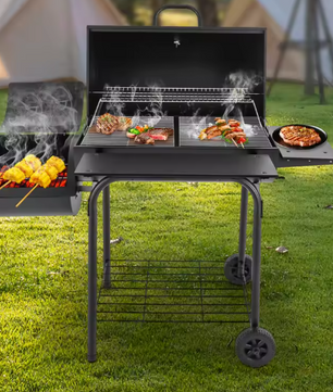 Zwarte Houtskoolgrill BBQ-oven met Wielen en Zijvuurbox – Draagbare Barbecue voor Tuin, Camping en Picknicks