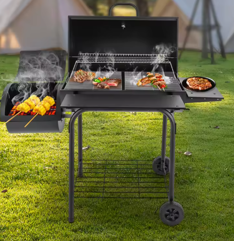 Zwarte Houtskoolgrill BBQ-oven met Wielen en Zijvuurbox – Draagbare Barbecue voor Tuin, Camping en Picknicks
