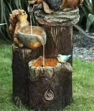Zonne-energie Tuinfontein met Eend & Eekhoorn – Decoratieve LED Waterval voor Buiten