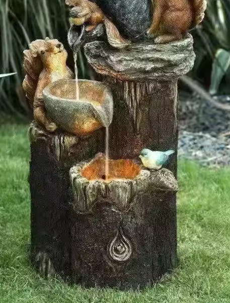 Zonne-energie Tuinfontein met Eend & Eekhoorn – Decoratieve LED Waterval voor Buiten