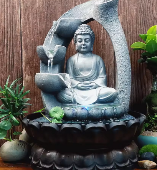 Boeddha Tafelfontein met LED-licht en Lotusbasis – Compacte Hars Binnenfontein voor Rust, Meditatie & Decoratie