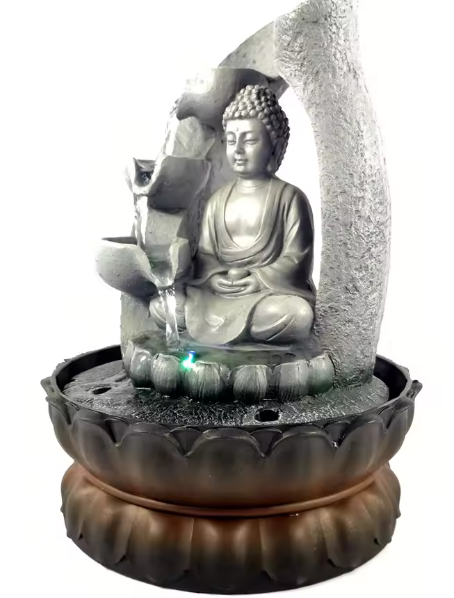 Boeddha Tafelfontein met LED-licht en Lotusbasis – Compacte Hars Binnenfontein voor Rust, Meditatie & Decoratie