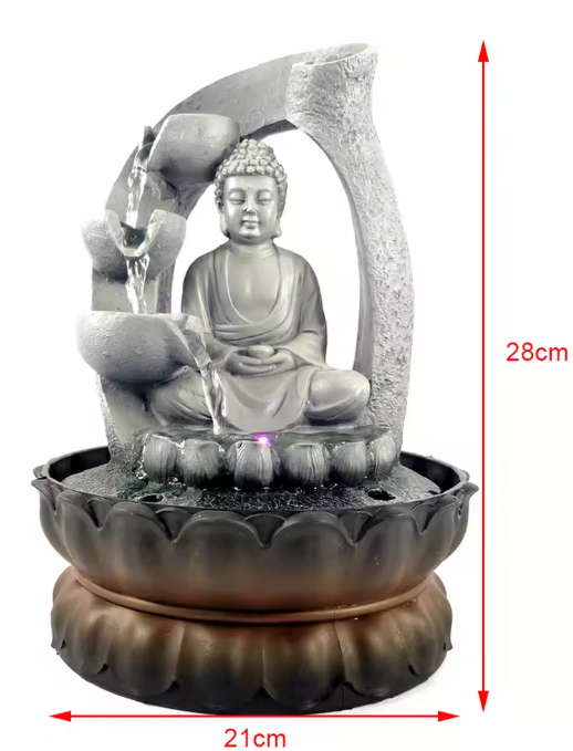Boeddha Tafelfontein met LED-licht en Lotusbasis – Compacte Hars Binnenfontein voor Rust, Meditatie & Decoratie
