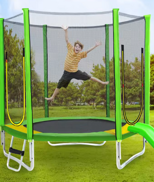 Buiten Trampoline Ø 213 cm – Inclusief Schuifladder, Veiligheidsnet, 2 Deuren & Gewatteerde Staven – Draagvermogen 100 kg
