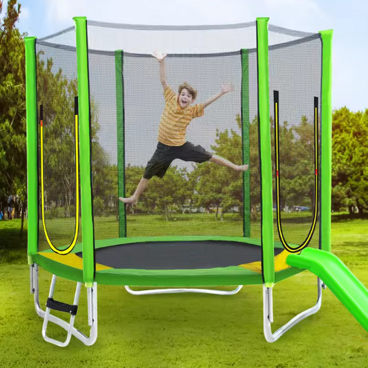 Buiten Trampoline Ø 213 cm – Inclusief Schuifladder, Veiligheidsnet, 2 Deuren & Gewatteerde Staven – Draagvermogen 100 kg