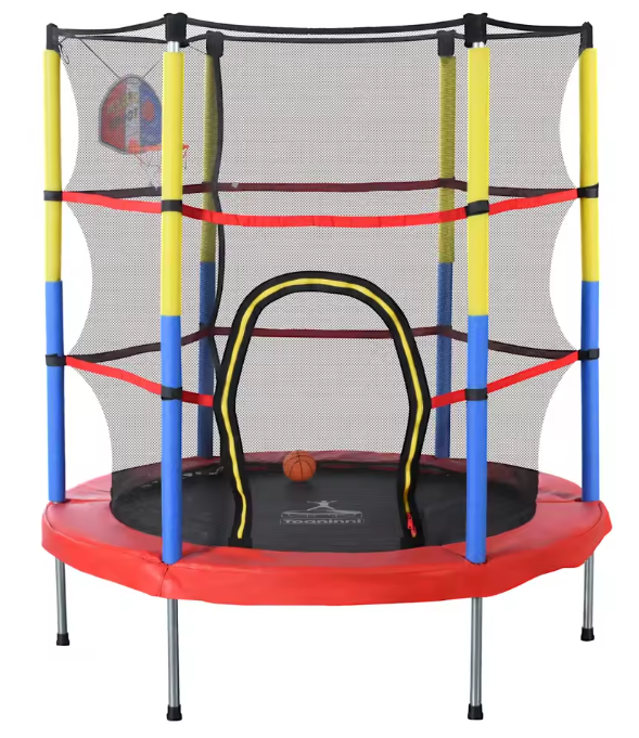 Kindertrampoline 145 cm met Basketbalmand – Voor Binnen & Buiten, Inclusief Pomp en Ballen, Draagvermogen 45 kg