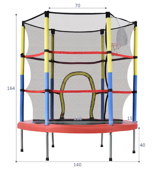 Kindertrampoline 145 cm met Basketbalmand – Voor Binnen & Buiten, Inclusief Pomp en Ballen, Draagvermogen 45 kg