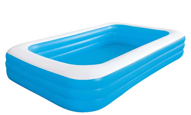 Groot Opblaasbaar Familiezwembad – PVC, Rechthoekig, Comfortabele Bodem & Lekvrije Kleppen