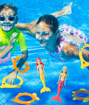 Set van 8 Zinkend Zwembad Duikspeelgoed – 4 Duikringen & 4 Zeemeerminnen, Kleurrijk Onderwater Speelgoed voor Kinderen