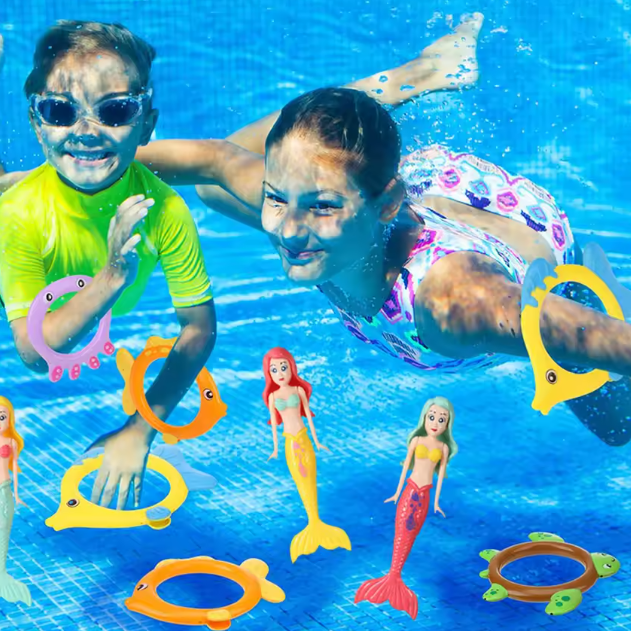 Set van 8 Zinkend Zwembad Duikspeelgoed – 4 Duikringen & 4 Zeemeerminnen, Kleurrijk Onderwater Speelgoed voor Kinderen