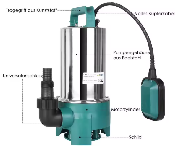 RVS Dompelpomp – 1100W, 16500 L/u, Vlotterschakelaar 35 mm