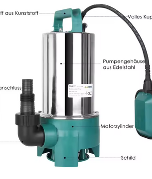 Dompelpomp 1100W – 16500 L/u, Voor Schoon- & Vuilwater met Automatische Vlotterschakelaar