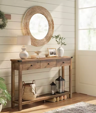 Landelijke Consoletafel met 3 Laden & Plank – Rustiek Houtdesign, 120×24×76 cm