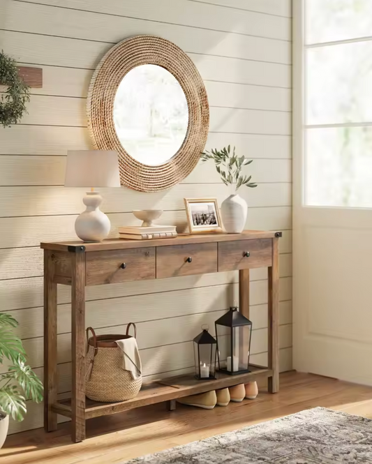 Landelijke Consoletafel met 3 Laden & Plank – Rustiek Houtdesign, 120×24×76 cm