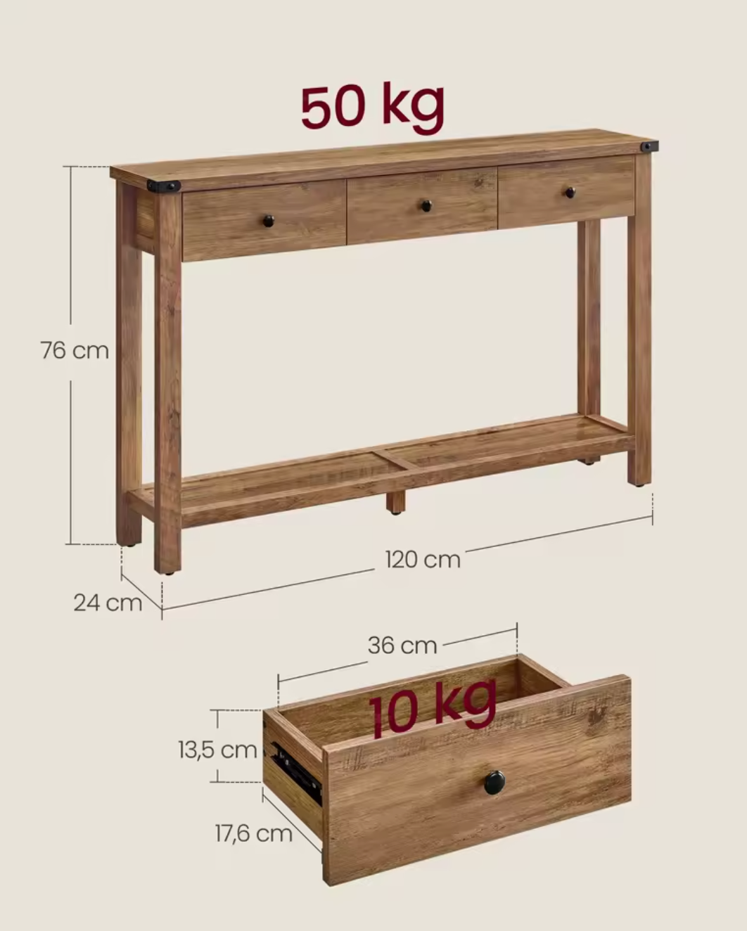 Landelijke Consoletafel met 3 Laden & Plank – Rustiek Houtdesign, 120×24×76 cm
