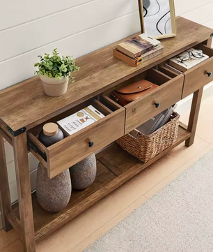 Landelijke Consoletafel met 3 Laden & Plank – Rustiek Houtdesign, 120×24×76 cm