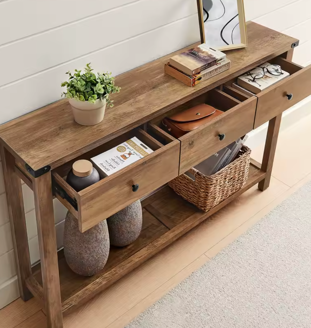 Landelijke Consoletafel met 3 Laden & Plank – Rustiek Houtdesign, 120×24×76 cm