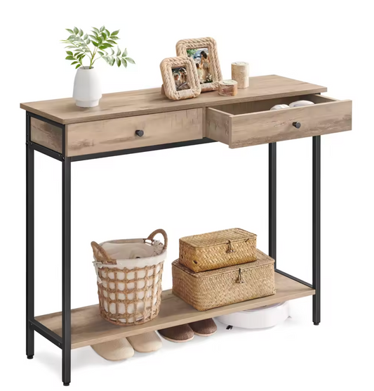 Industriële Consoletafel Landelijk Design met 2 Laden – Metaal & Houtlook, 100×30cm