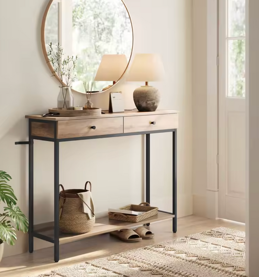 Industriële Consoletafel Landelijk Design met 2 Laden – Metaal & Houtlook, 100×30cm