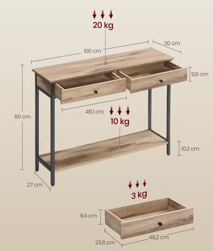 Industriële Consoletafel Landelijk Design met 2 Laden – Metaal & Houtlook, 100×30cm