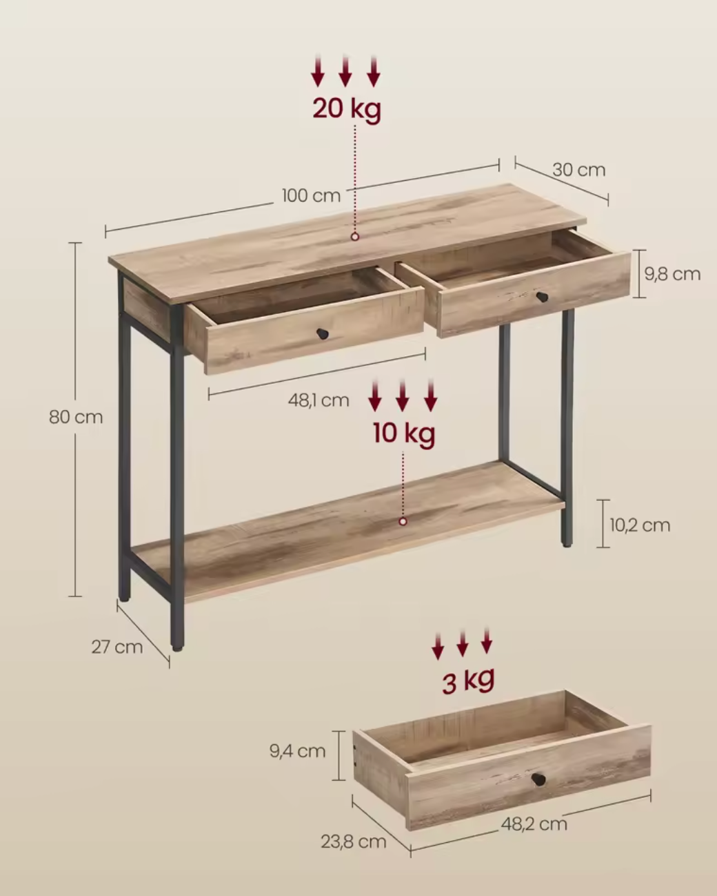 Industriële Consoletafel Landelijk Design met 2 Laden – Metaal & Houtlook, 100×30cm