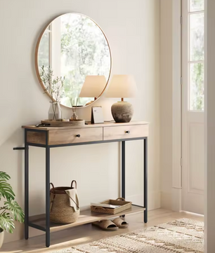 Industriële Consoletafel Landelijk Design met 2 Laden – Metaal & Houtlook, 100×30cm