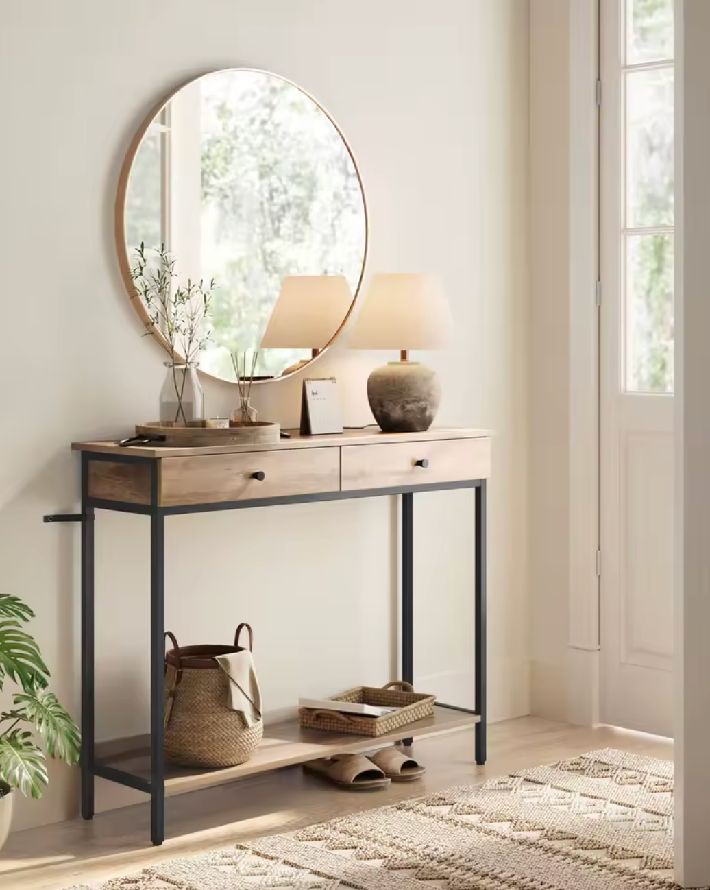 Industriële Consoletafel Landelijk Design met 2 Laden – Metaal & Houtlook, 100×30cm