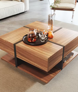 Vierkante salontafel 78cm – met lades en onderplank