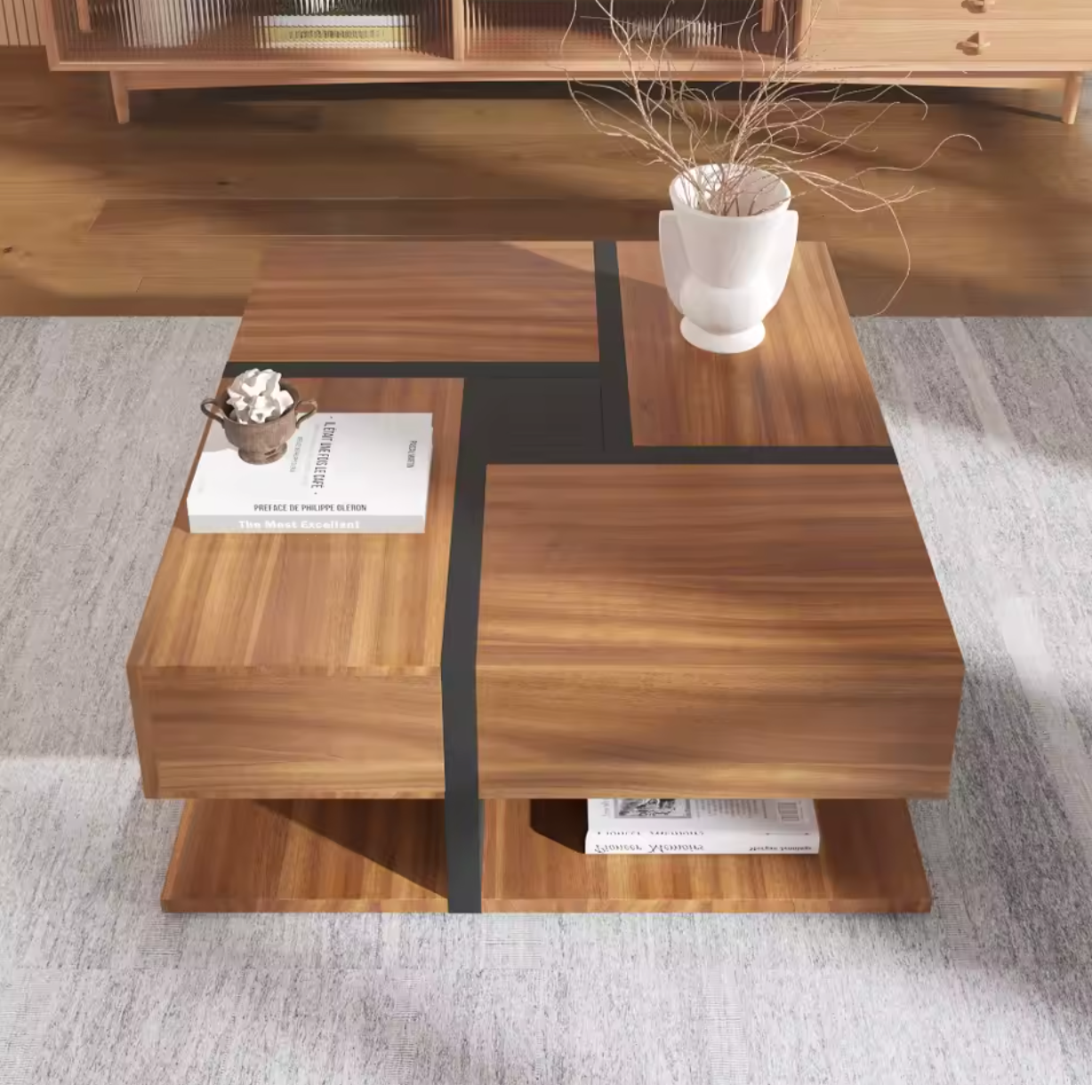 Vierkante salontafel 78cm – met lades en onderplank