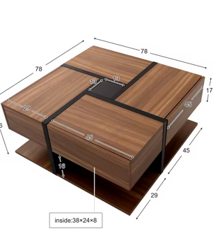 Vierkante salontafel 78cm – met lades en onderplank