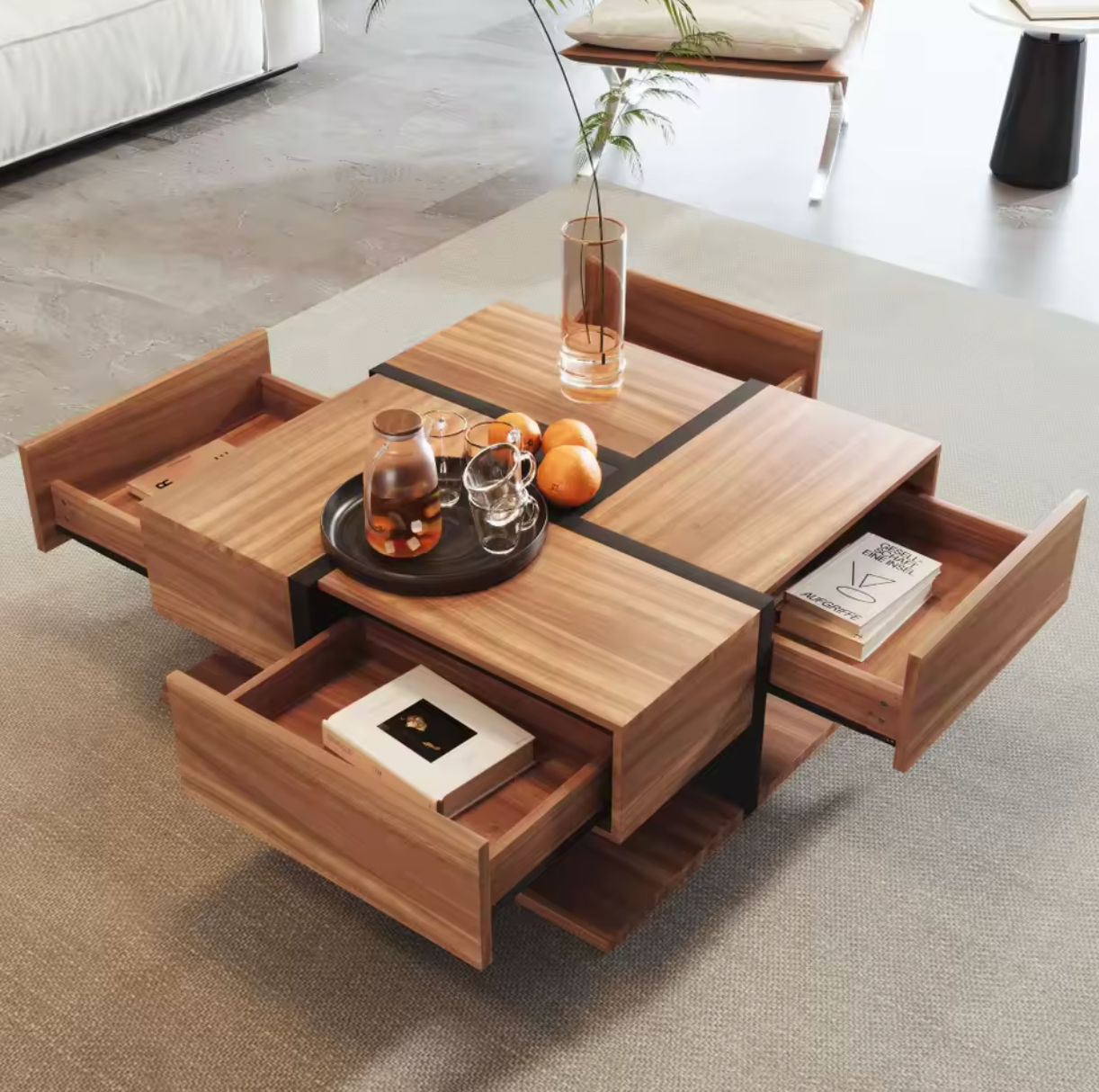 Vierkante salontafel 78cm – met lades en onderplank