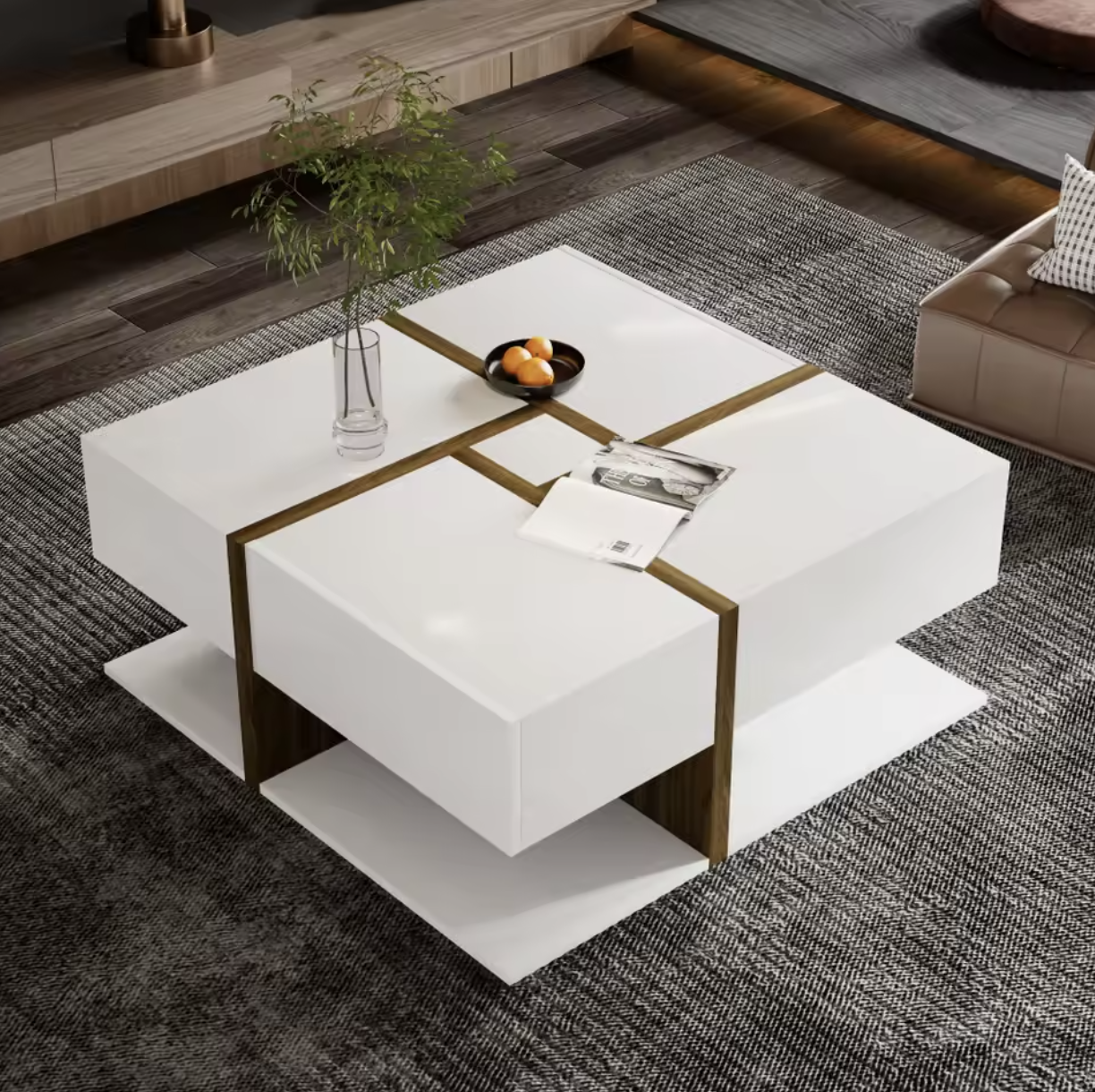 Vierkante salontafel 78cm – met lades en onderplank