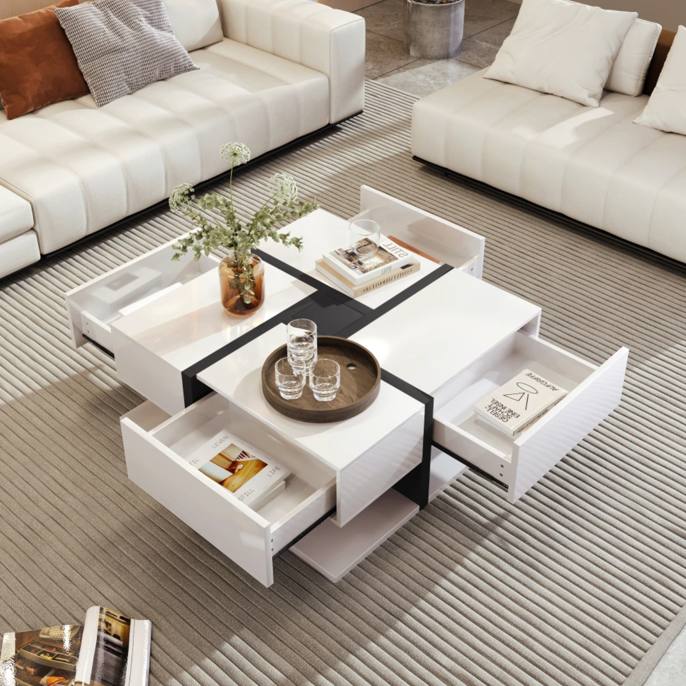 Vierkante salontafel 78cm – met lades en onderplank