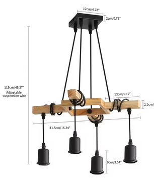 Industriële Vintage Hanglamp – Houten Kroonluchter met E27 Fitting – Zwart