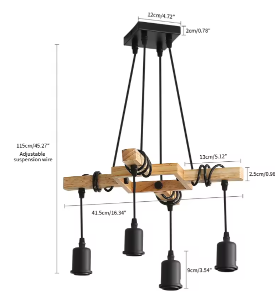 Industriële Vintage Hanglamp – Houten Kroonluchter met E27 Fitting – Zwart