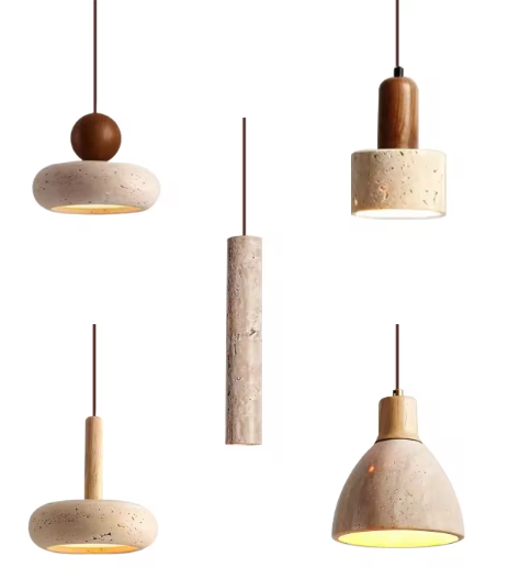 Travertin & Houten Hanglamp – Moderne Natuursteen LED Plafondlamp