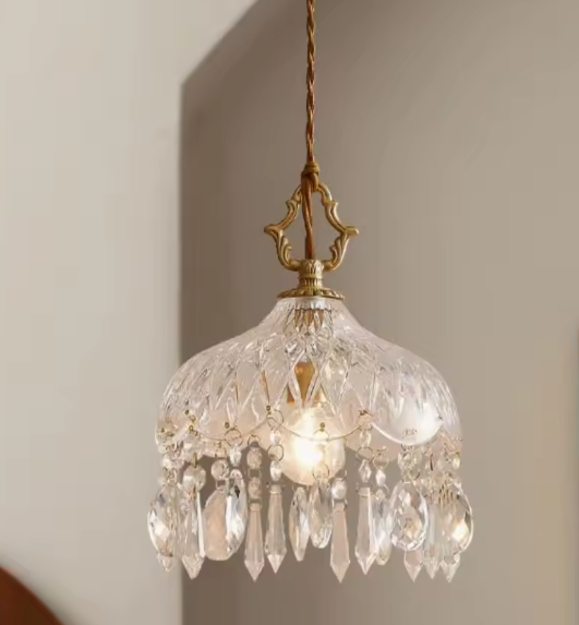 Franse Retro Glazen Hanglamp – Luxe Kroonluchter van Koper & Kristal, E14 LED