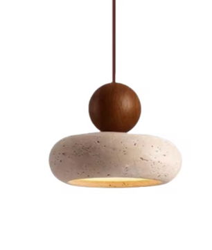 Travertijn Hanglamp – Moderne Grotsteen LED Plafondlamp met Houten Accenten