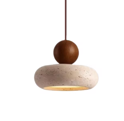 Travertijn Hanglamp – Moderne Grotsteen LED Plafondlamp met Houten Accenten