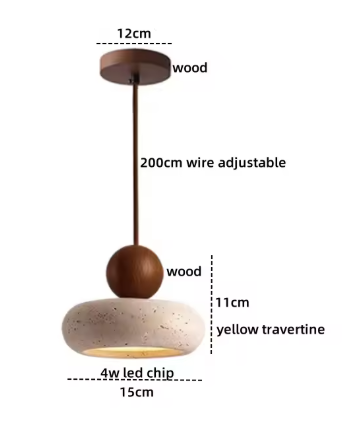 Travertijn Hanglamp – Moderne Grotsteen LED Plafondlamp met Houten Accenten