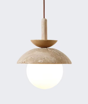 Japanse Travertijn Hanglamp – Moderne Wabi Sabi LED Hanglamp met Houten Accenten